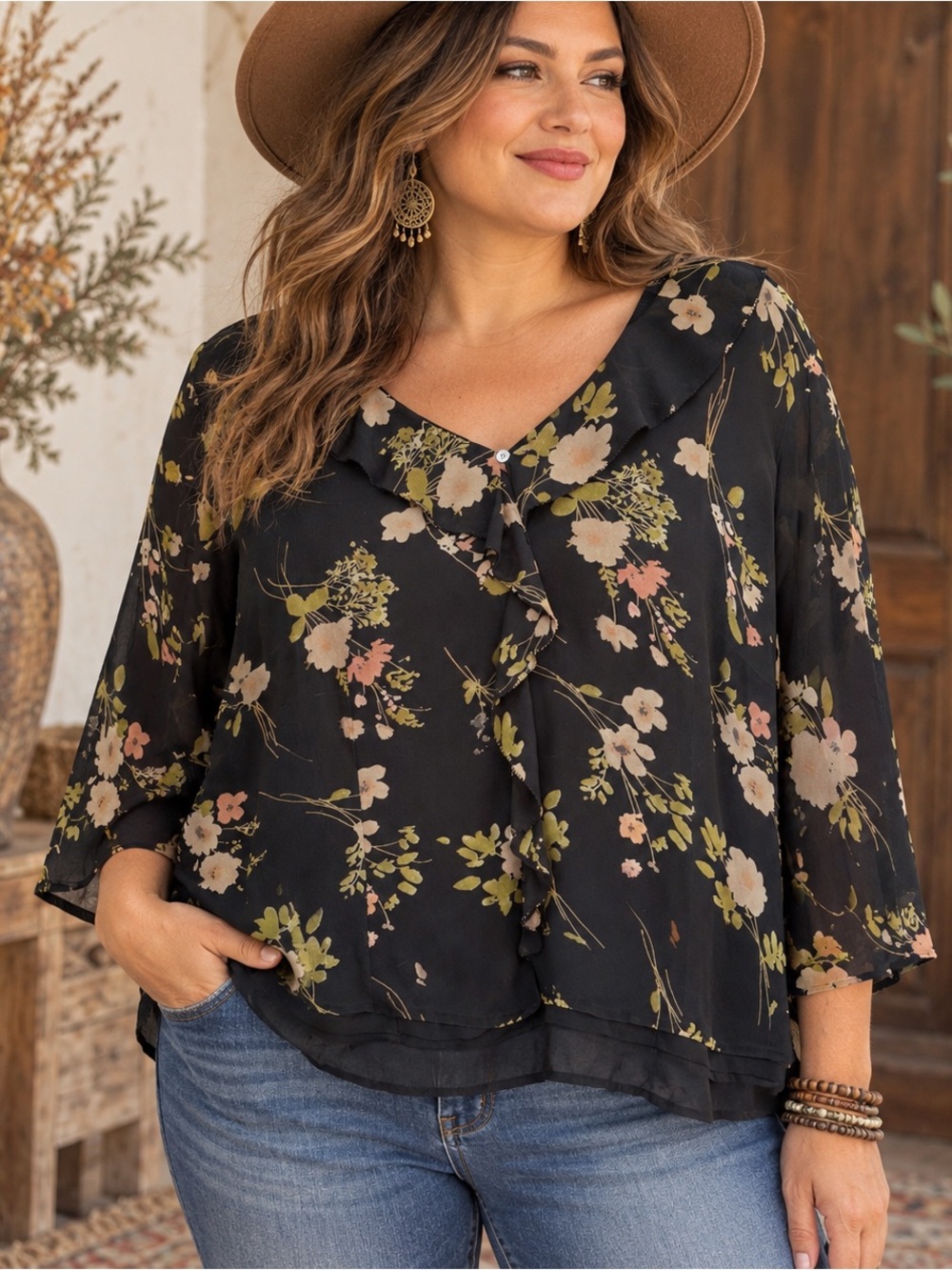 Cynthia Howie 20W 100% Silk Blouse Black Floral Ruffle Front 3/4 Sleeve Boho